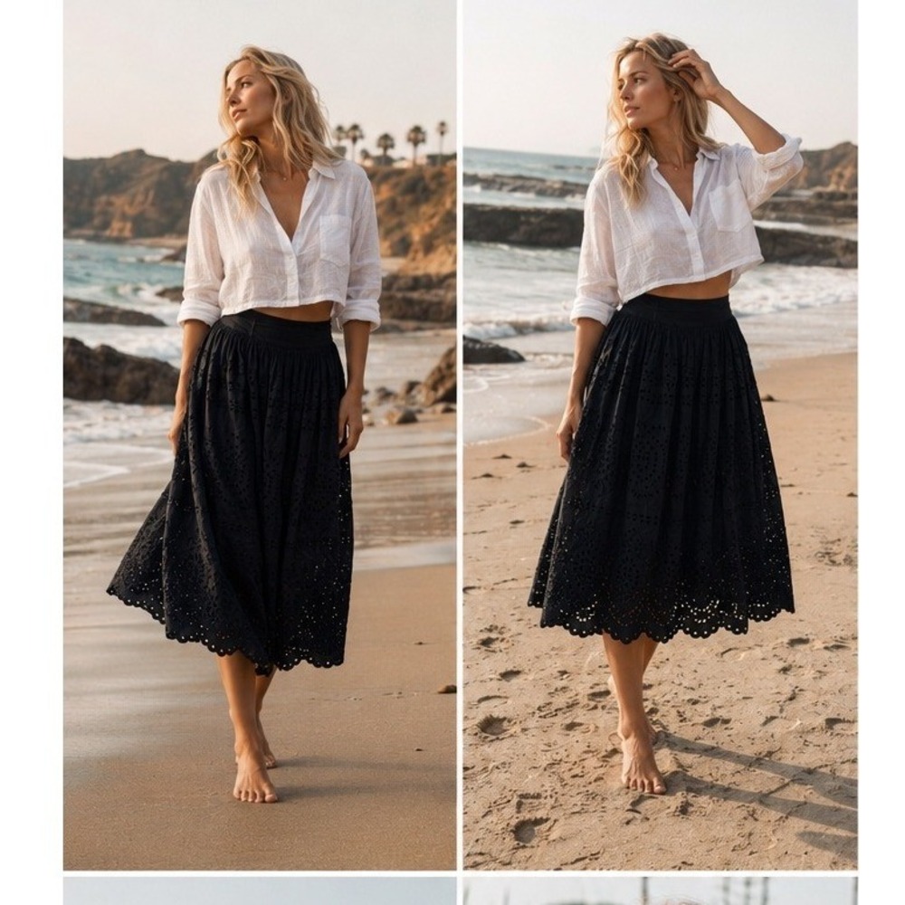Ann Taylor Petite 8P Black Eyelet‎ Embroidered Cotton Midi Skirt Lined Boho